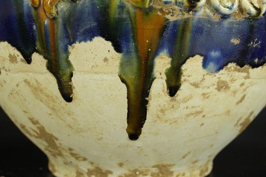 中国美術 唐三彩 貼花紋 丸壷 φ30cm(LC240)