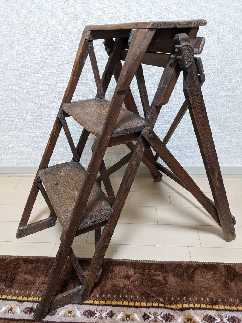 値引OK　イギリスアンティーク　折りたたみ　 木製3段　ステップラダー　脚立