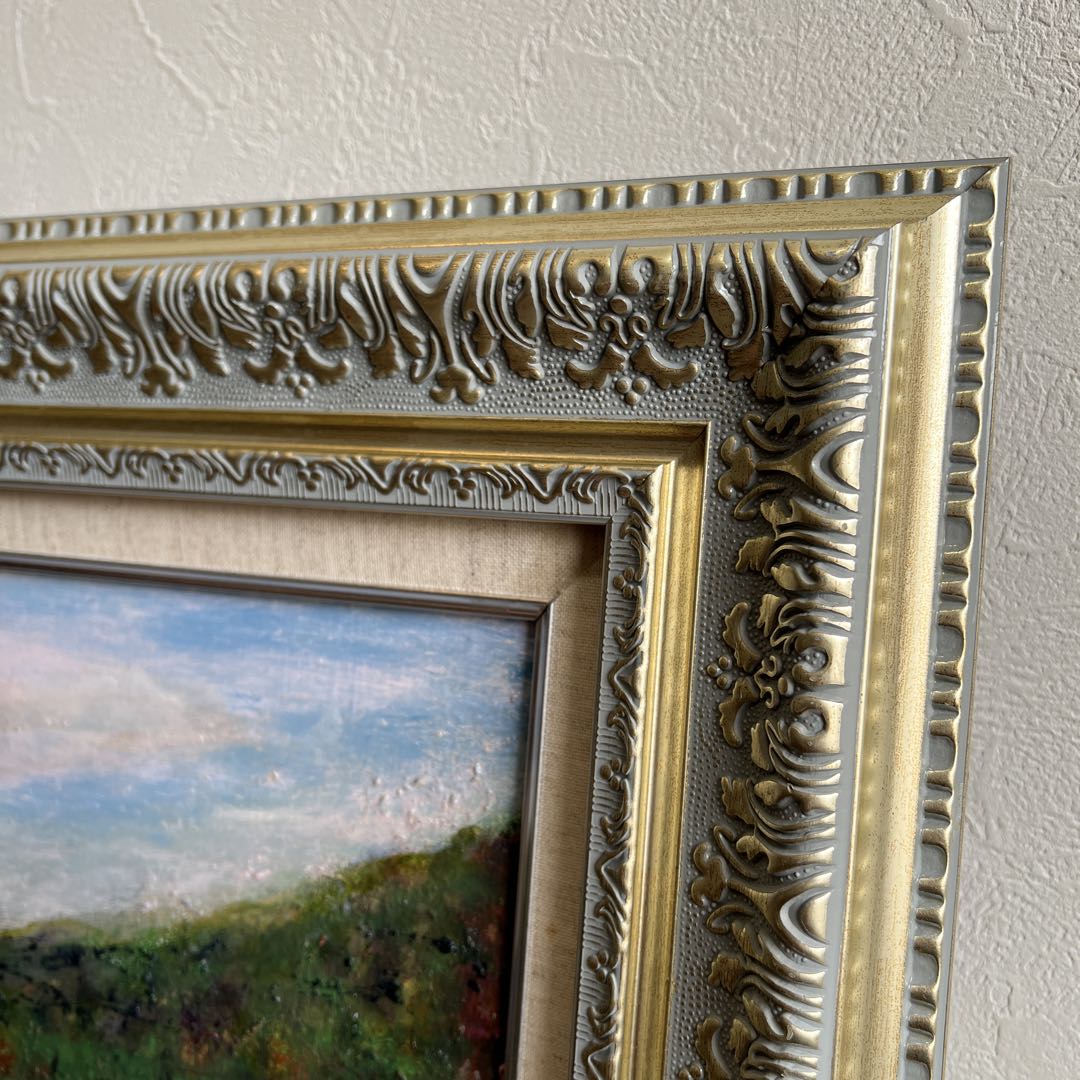 k927 額装絵画 春うららかな桜を臨むすだれ滝の風景 油彩画 エレガントな額縁