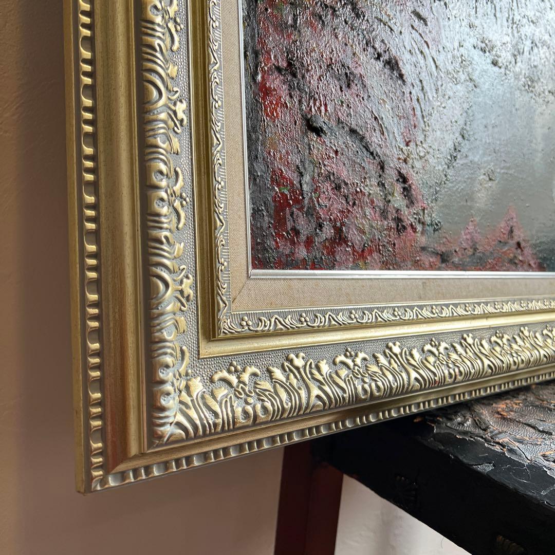 k927 額装絵画 春うららかな桜を臨むすだれ滝の風景 油彩画 エレガントな額縁