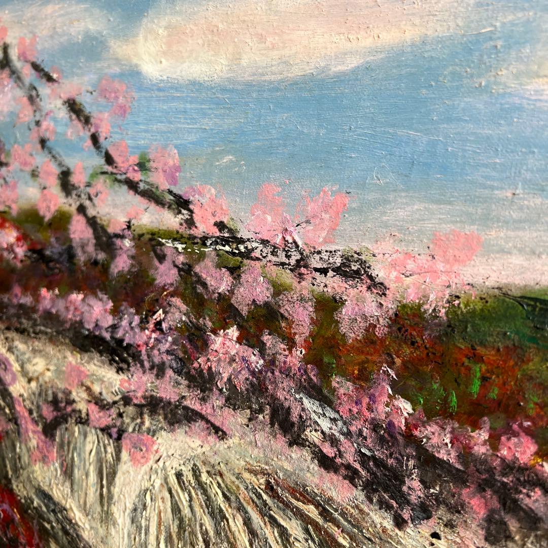 k927 額装絵画 春うららかな桜を臨むすだれ滝の風景 油彩画 エレガントな額縁