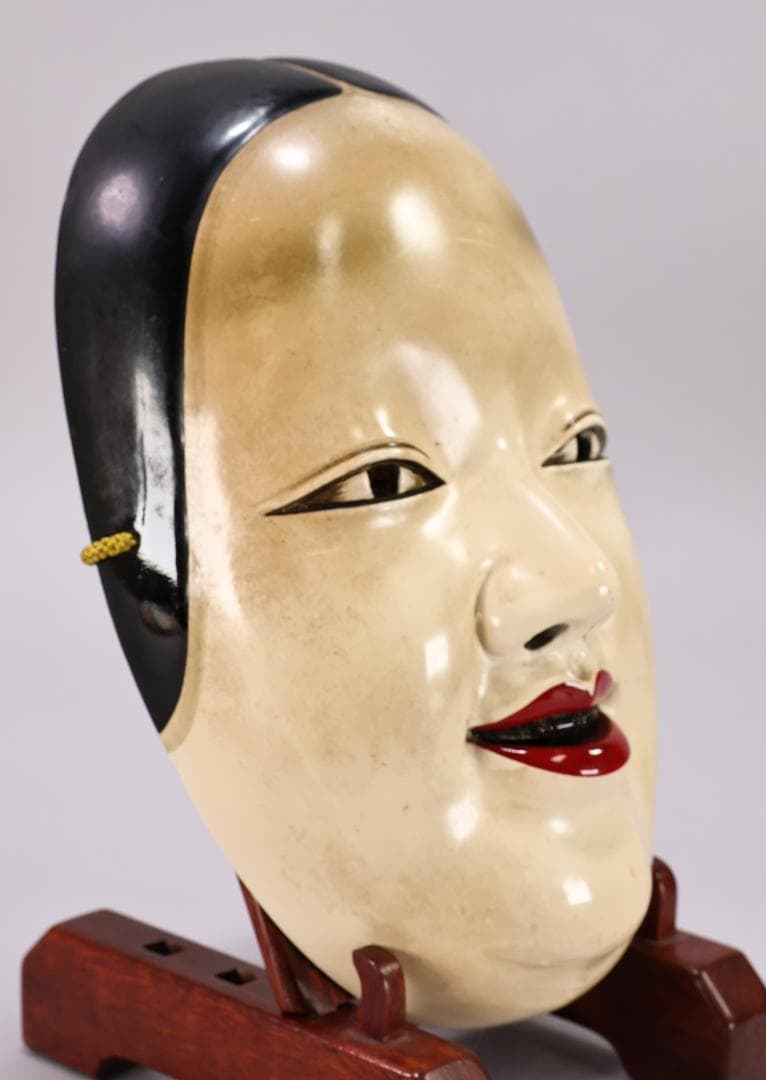時代 古面　木彫彩色能面「小面」縦21cm　女面 お歯黒 能楽面　BK127