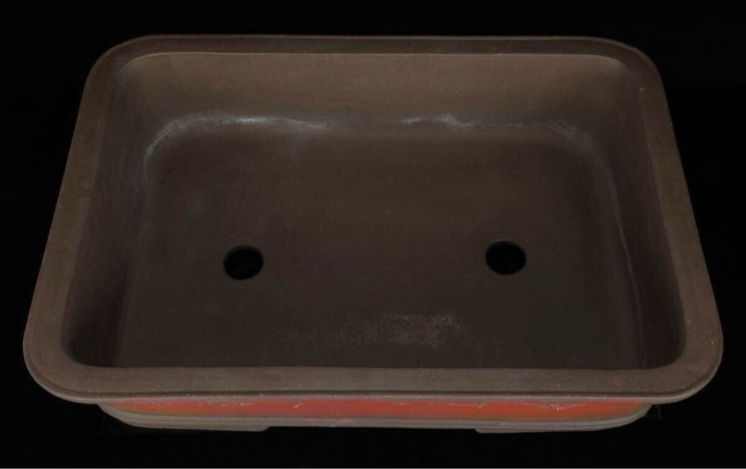 【中国古盆器】中国宜興 紫砂 朱泥外縁長方盆栽鉢 釘彫漢詩山水図 落款有 盆景鉢