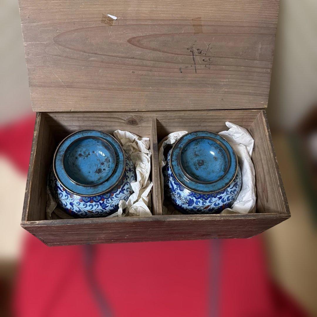 中国古美術　骨董品　七宝焼　蓋付き壺一対　保管箱