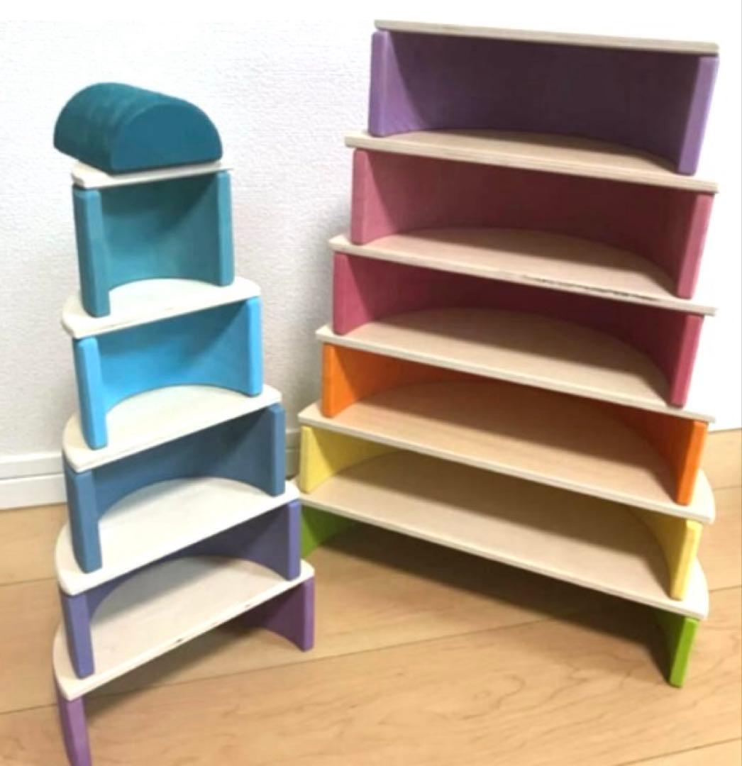 【知育玩具】虹色レインボーアーチ積み木➕白木半円盤セット木製