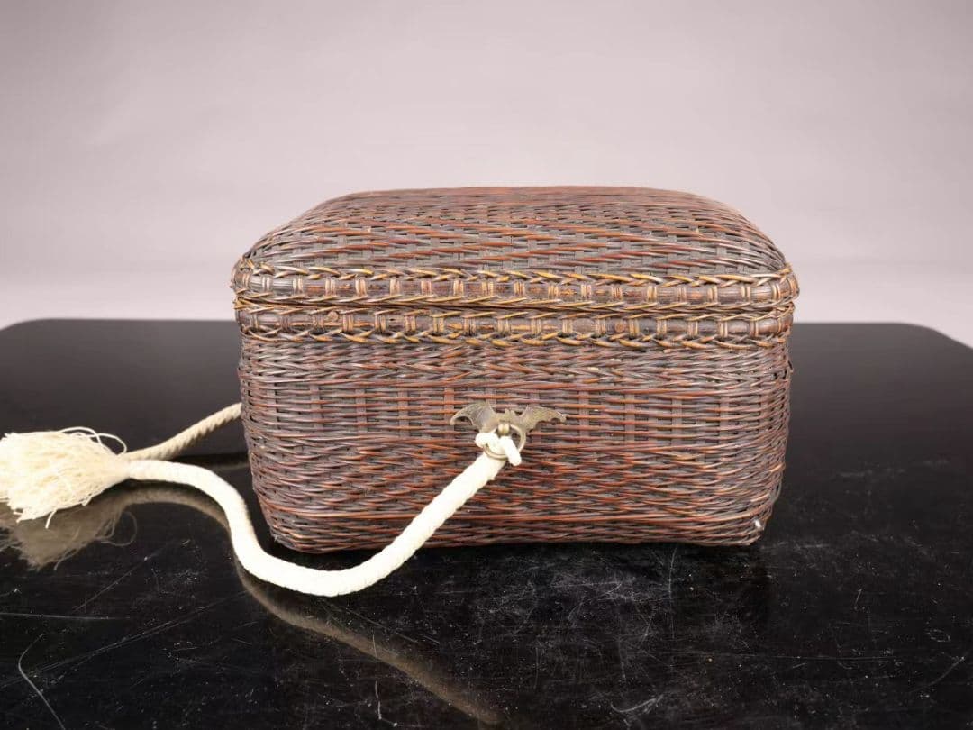 A118 竹編茶箱 竹細工 籐編縁 茶道具 高11㎝ 幅17×11㎝ 箱付