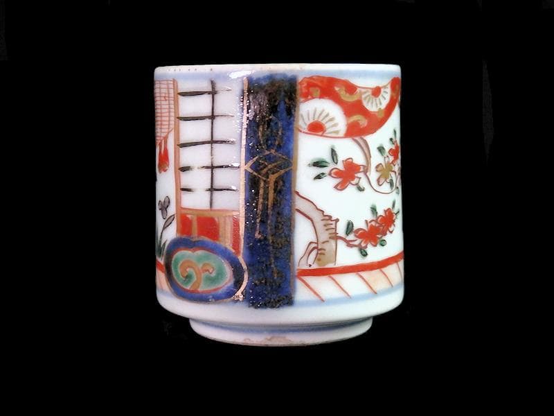 古伊万里　色絵　邸内図　御簾に桜花の図　のぞき　猪口　A964AS-CEj