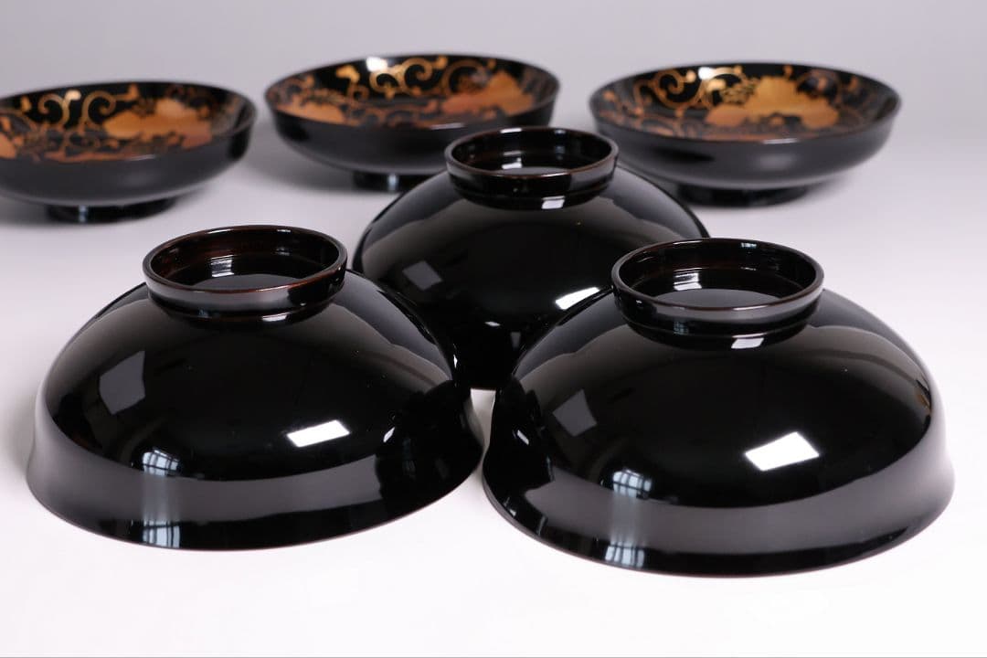 【MB194】天然木漆塗 鳳凰桐唐草 金蒔絵 黒塗 吸物椀 三客 大正昭和