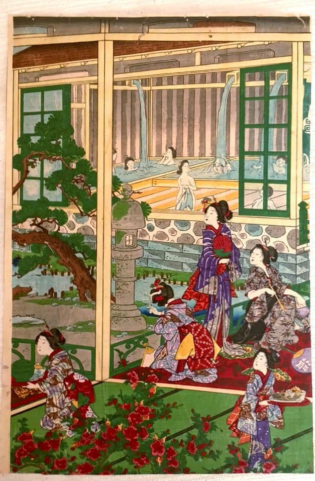 稀浮世絵版画、温泉遊客之圖三枚綴り、歌川芳藤画明治15年出版