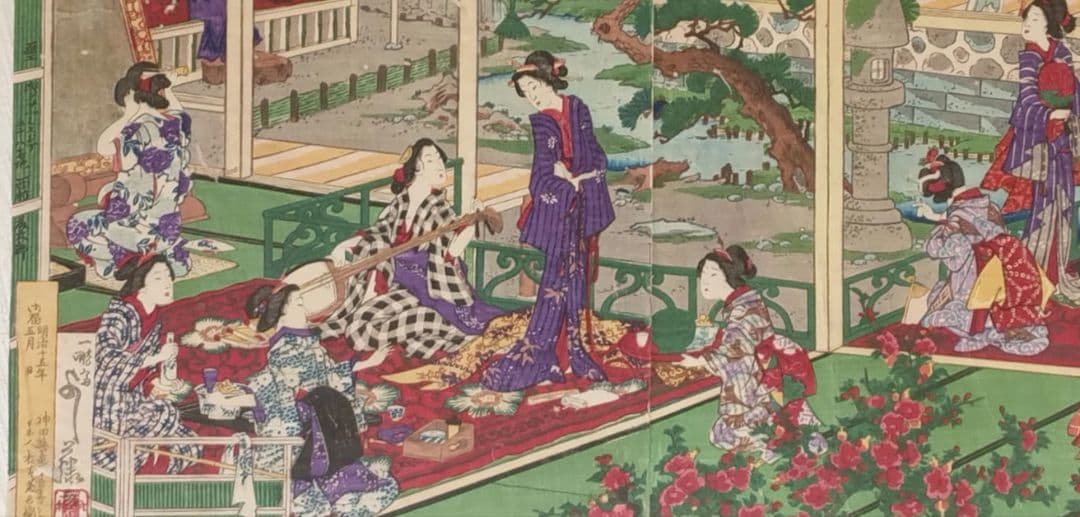 稀浮世絵版画、温泉遊客之圖三枚綴り、歌川芳藤画明治15年出版