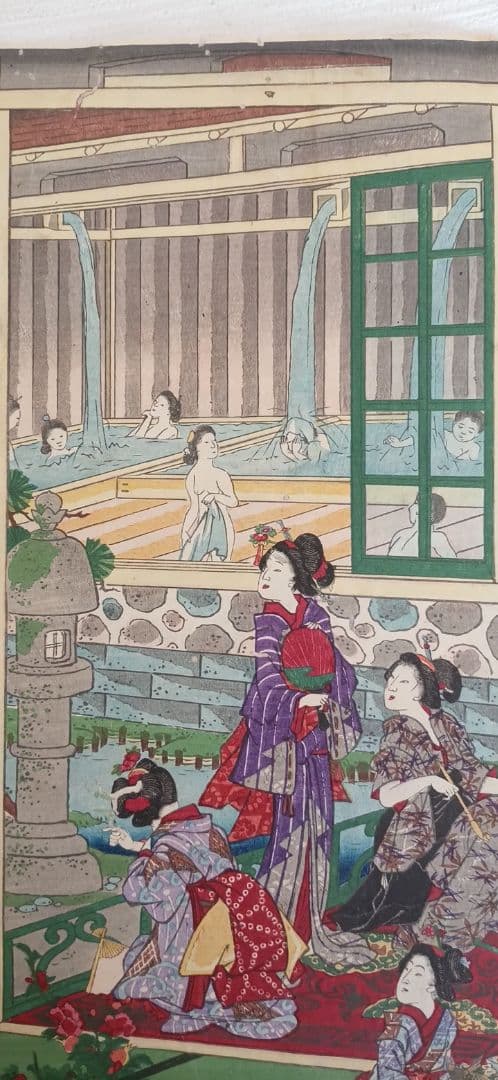 稀浮世絵版画、温泉遊客之圖三枚綴り、歌川芳藤画明治15年出版