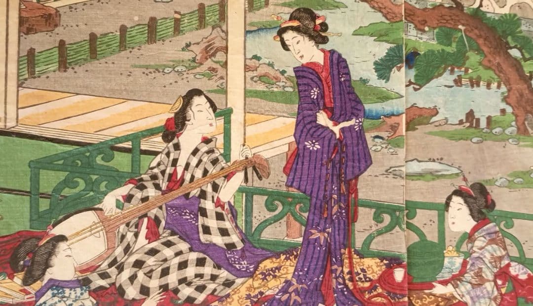 稀浮世絵版画、温泉遊客之圖三枚綴り、歌川芳藤画明治15年出版