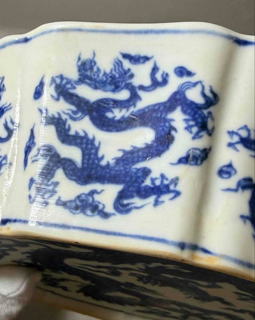 中国 染付龍の絵十菱盤　f2260103