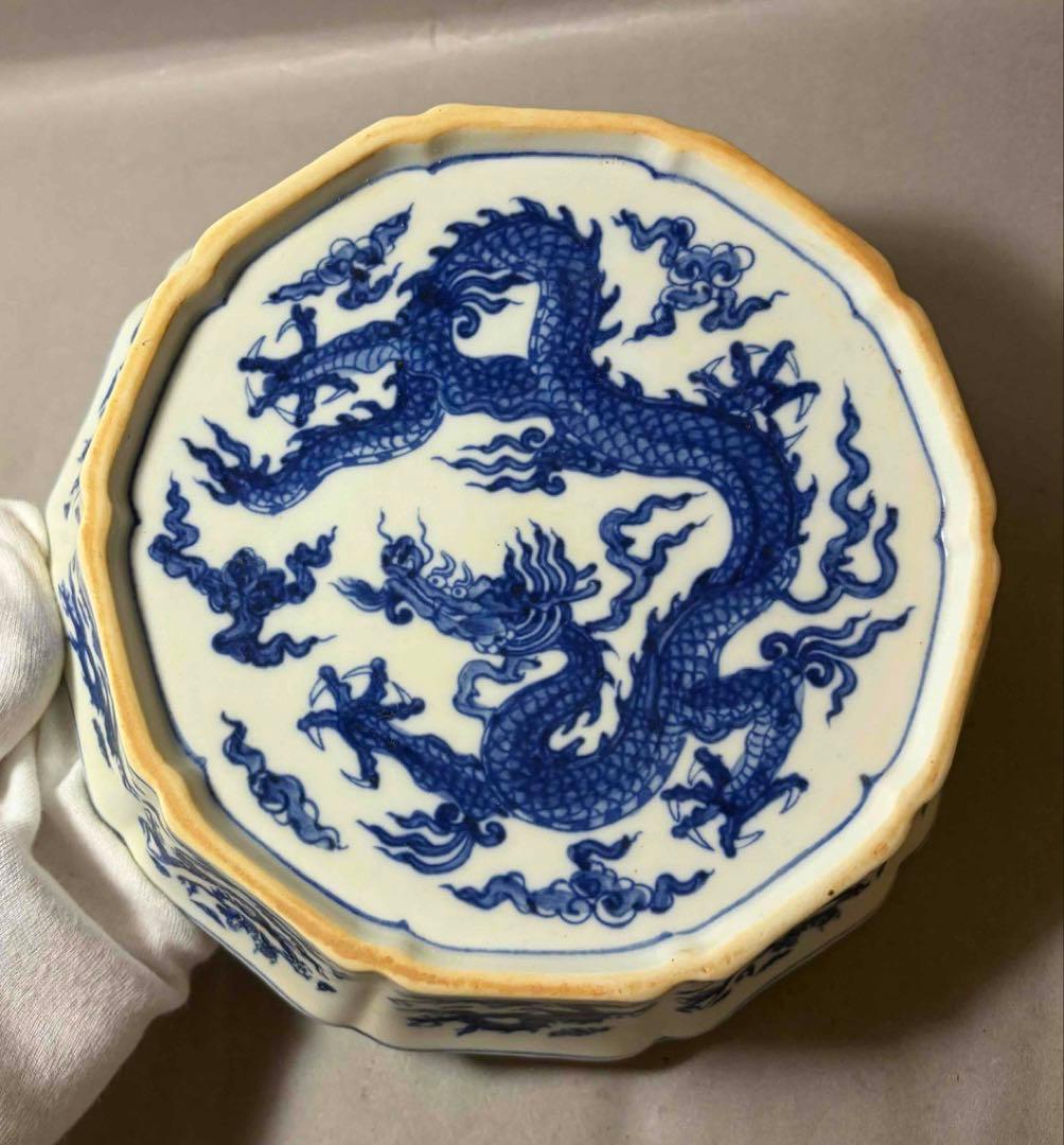 中国 染付龍の絵十菱盤　f2260103