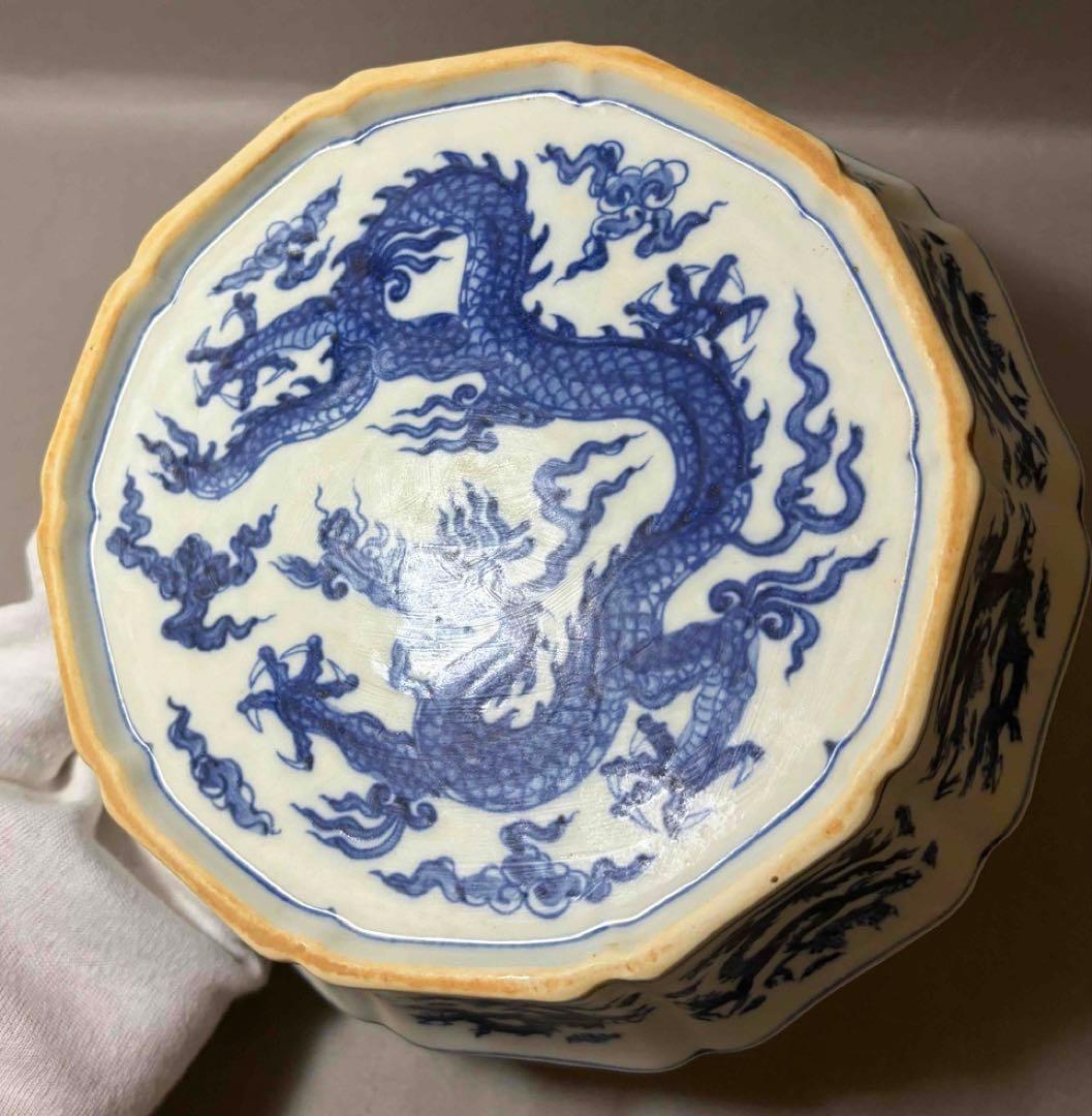 中国 染付龍の絵十菱盤　f2260103