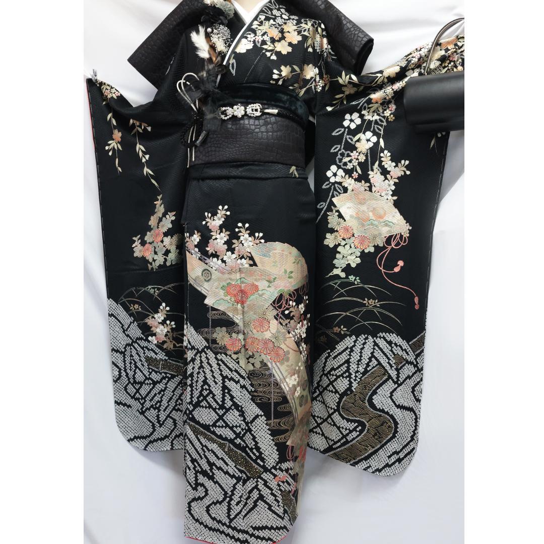 新古品◆ 人気絞り◆黒 丈159cm振袖6点セット ◆正絹フルセット07NJ