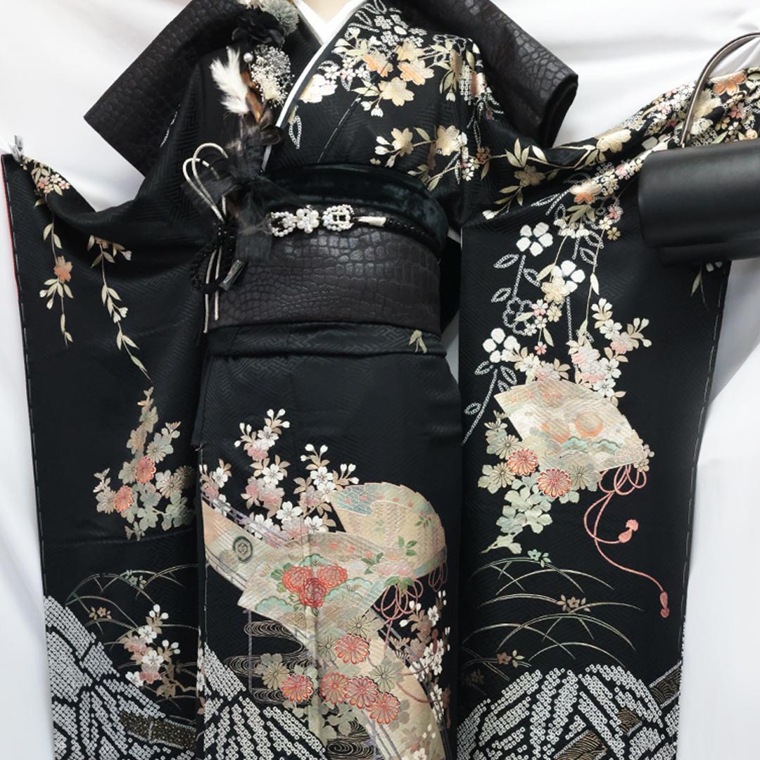 新古品◆ 人気絞り◆黒 丈159cm振袖6点セット ◆正絹フルセット07NJ