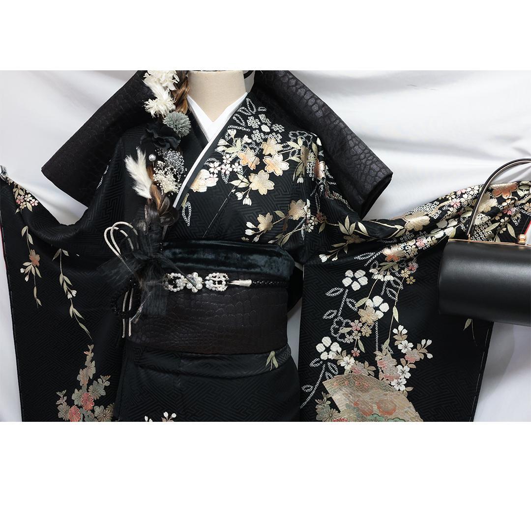 新古品◆ 人気絞り◆黒 丈159cm振袖6点セット ◆正絹フルセット07NJ