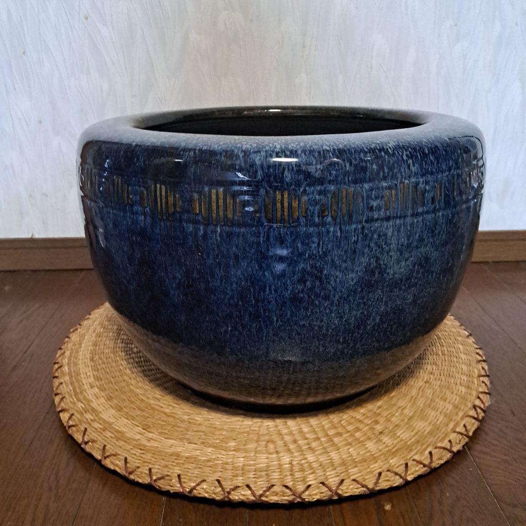 大正～昭和レトロ「信楽焼・青色海鼠(ナマコ)丸火鉢」