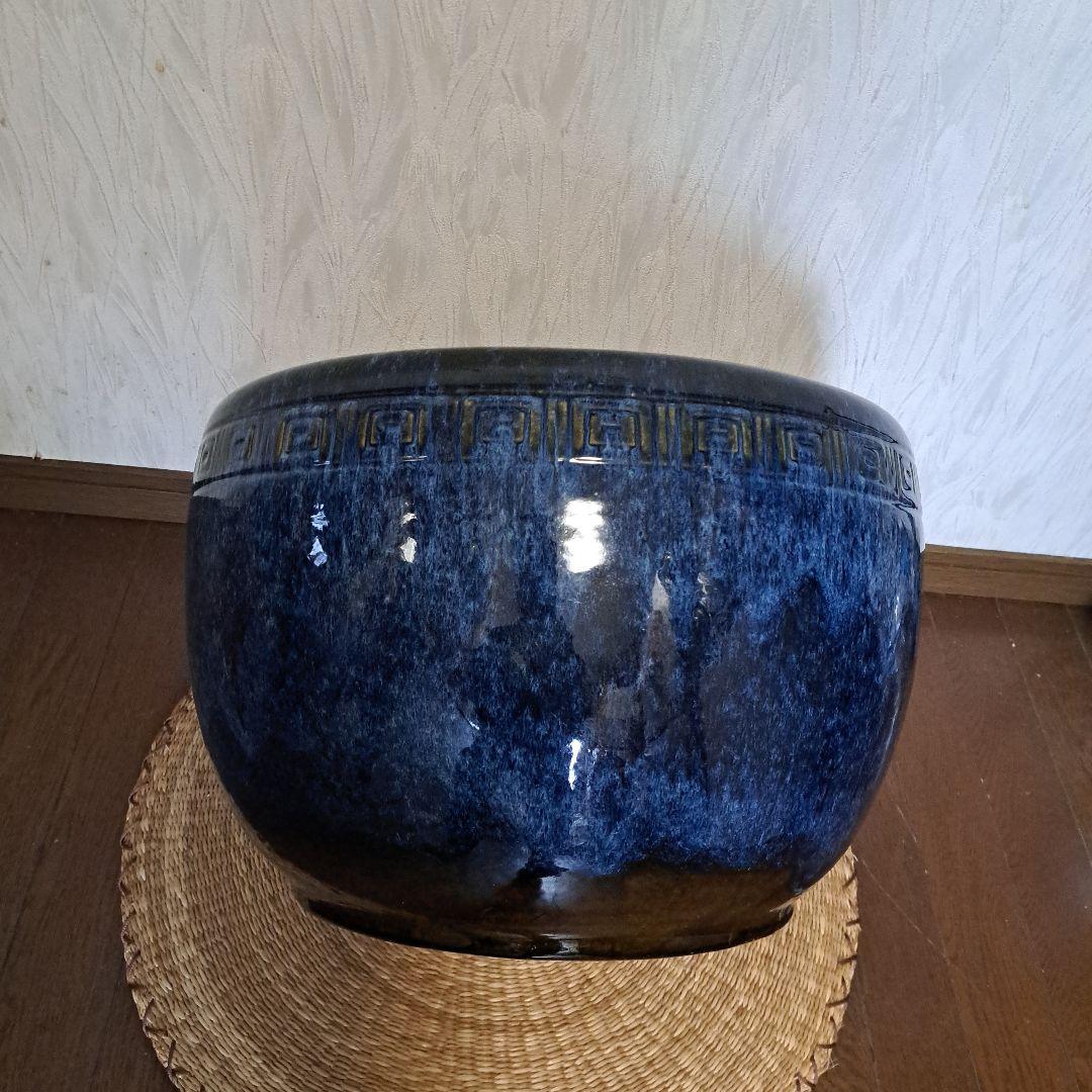 大正～昭和レトロ「信楽焼・青色海鼠(ナマコ)丸火鉢」