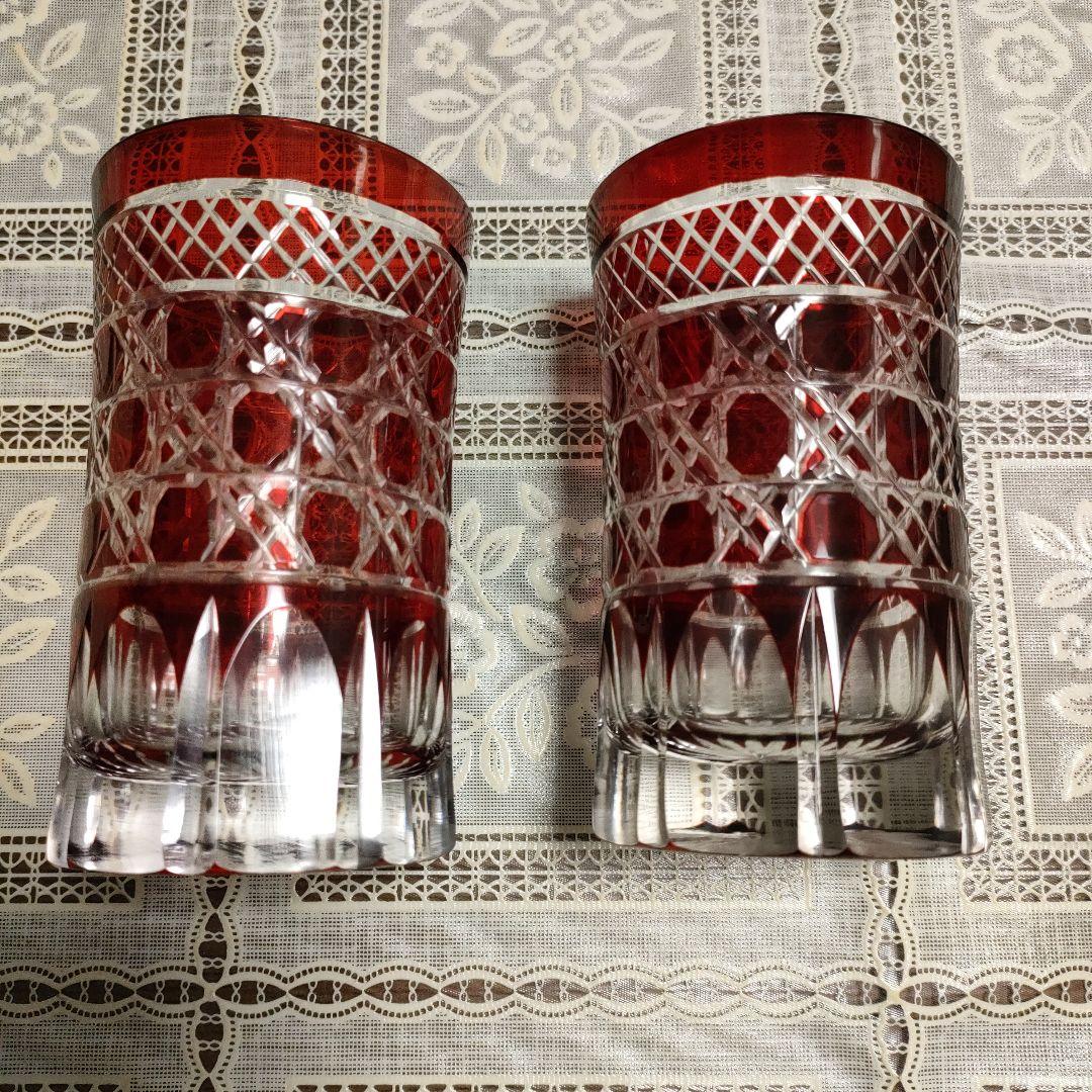 \"未使用\" ヤマザキガラス　薩摩切子　2客セット　南蛮赤　矢来、籠目菊透かし紋