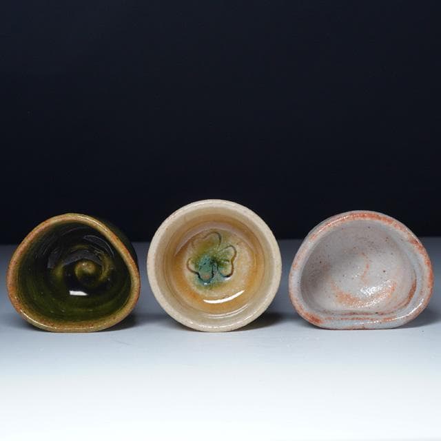 加藤芳右衛門・光右衛門・弥右衛門　三種ぐい吞み　黄瀬戸・青（織部）・鼠志野