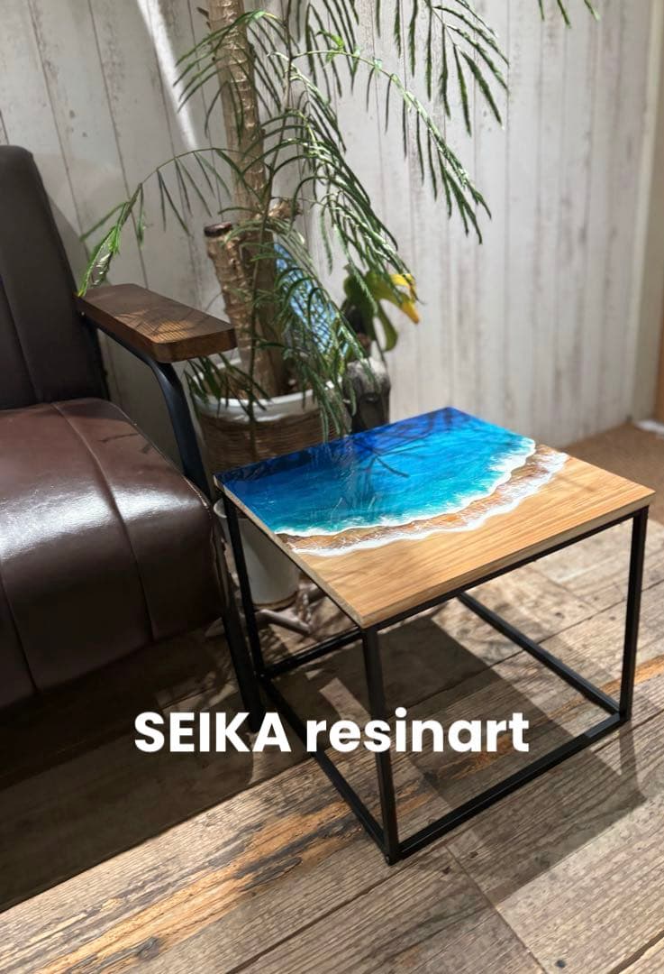 レジンテーブル　レジンアート　サイドテーブル　テーブル　海レジン　40×40