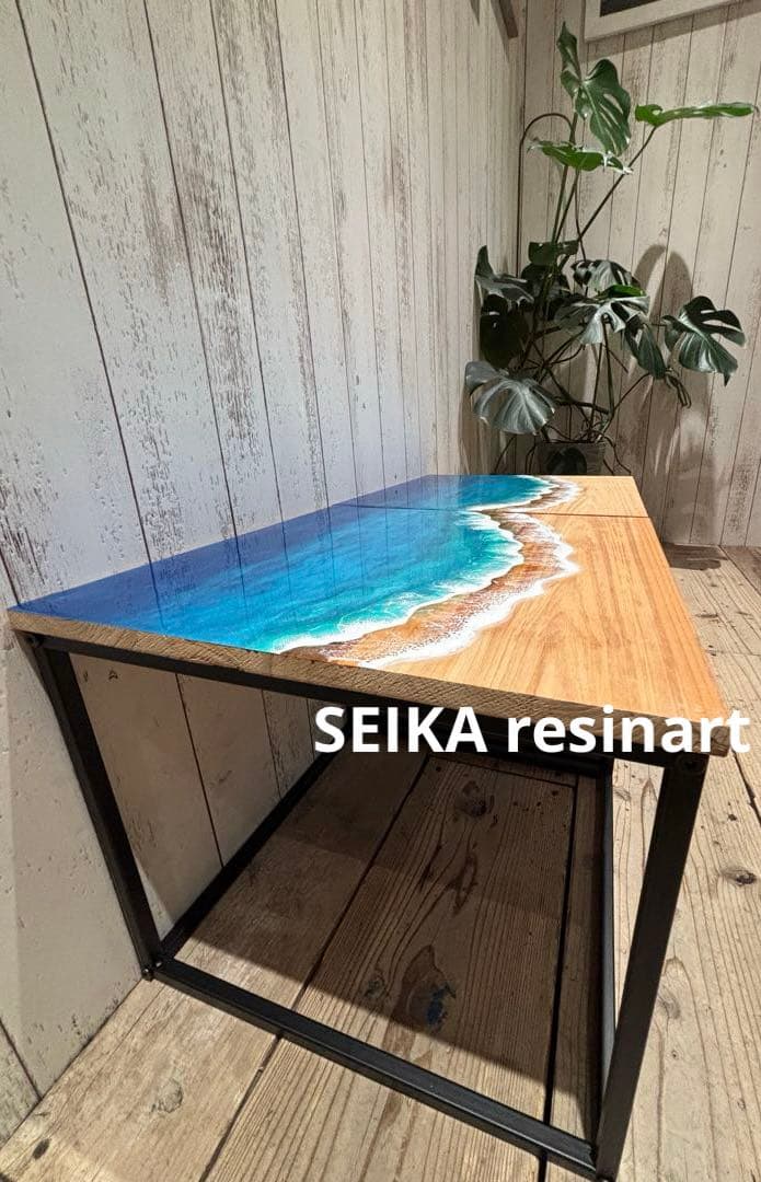 レジンテーブル　レジンアート　サイドテーブル　テーブル　海レジン　40×40