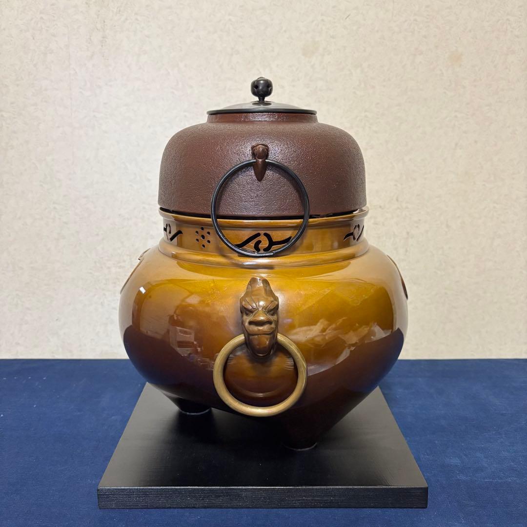 人間国宝敬典/風炉/茶釜/電熱器/唐銅鬼面風炉釜/野々田電熱器/敷板