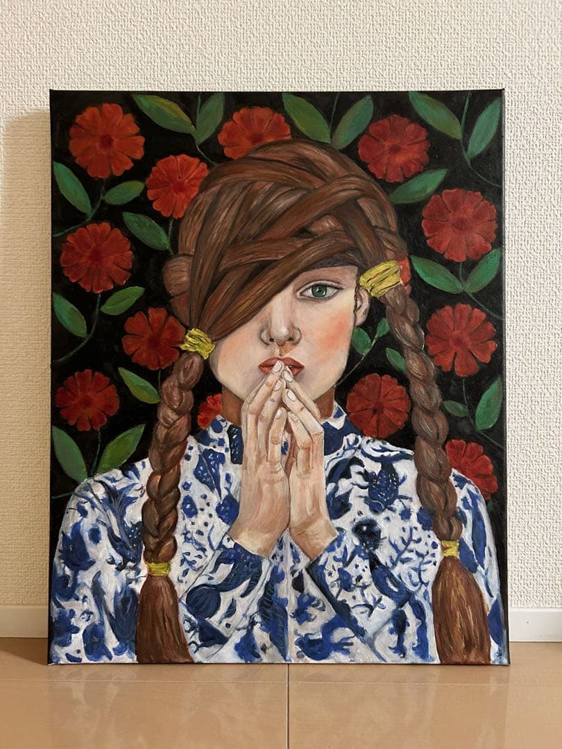 手作り油絵　木額縁入り 少女