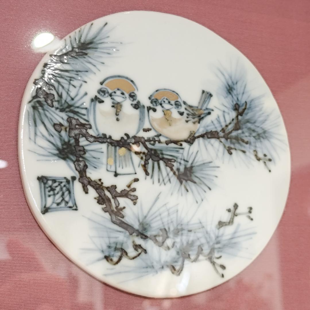 値下げ【新品・未使用】陶板掛軸　染付雀　清水焼　インテリア　貴重品