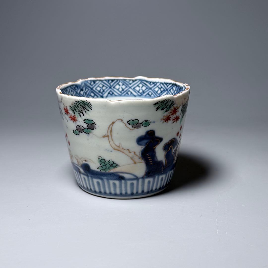 古伊万里　染錦鯉滝登図　そば猪口　向付　江戸時代　蛇目高台　三客