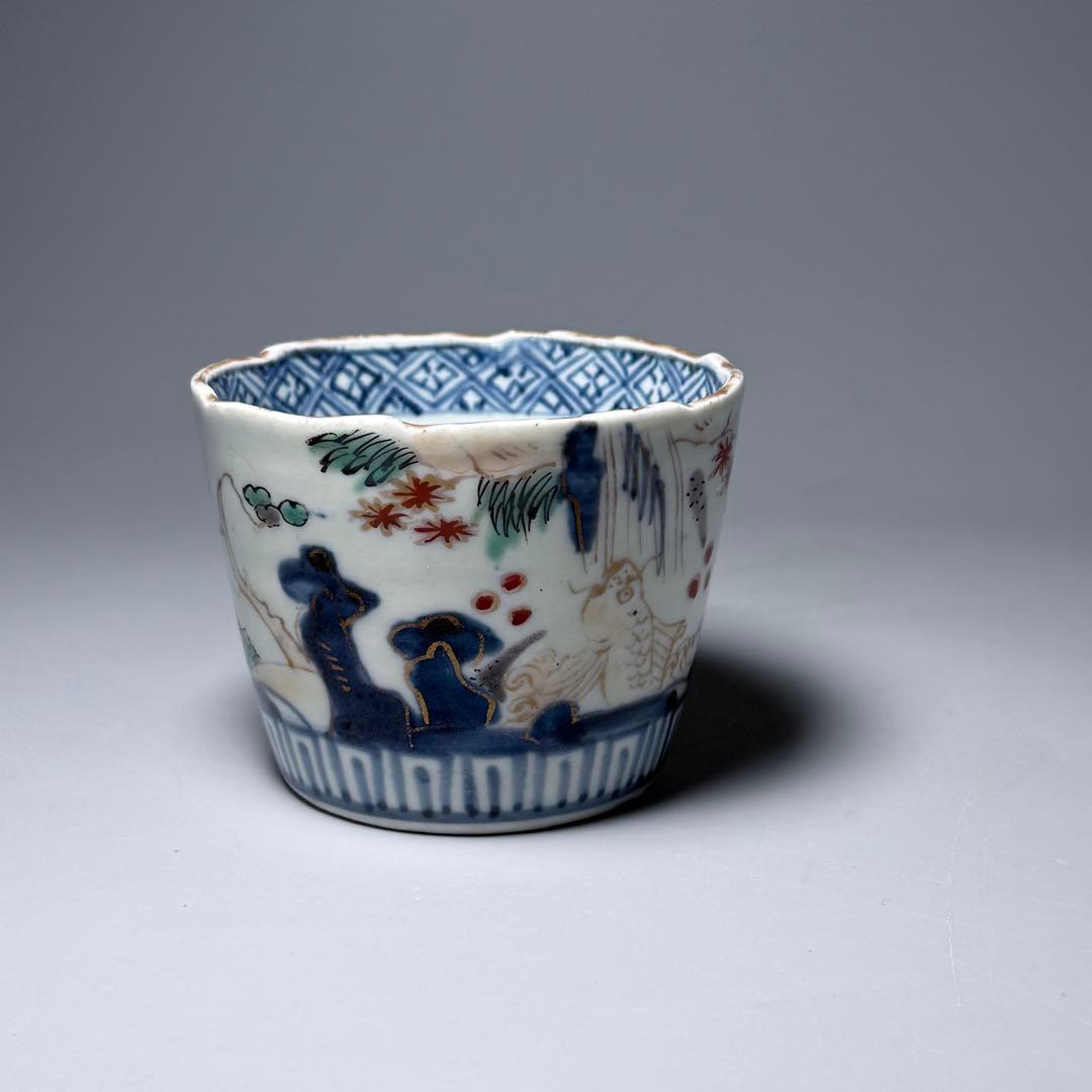 古伊万里　染錦鯉滝登図　そば猪口　向付　江戸時代　蛇目高台　三客