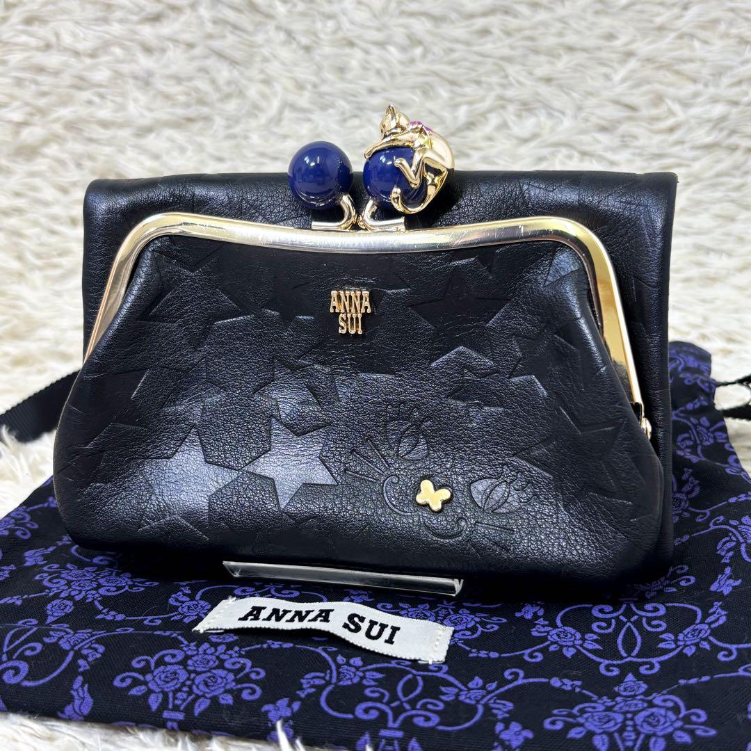 【未使用級】アナスイ プレイングキャット 折り財布 がま口 ブラック レディース
