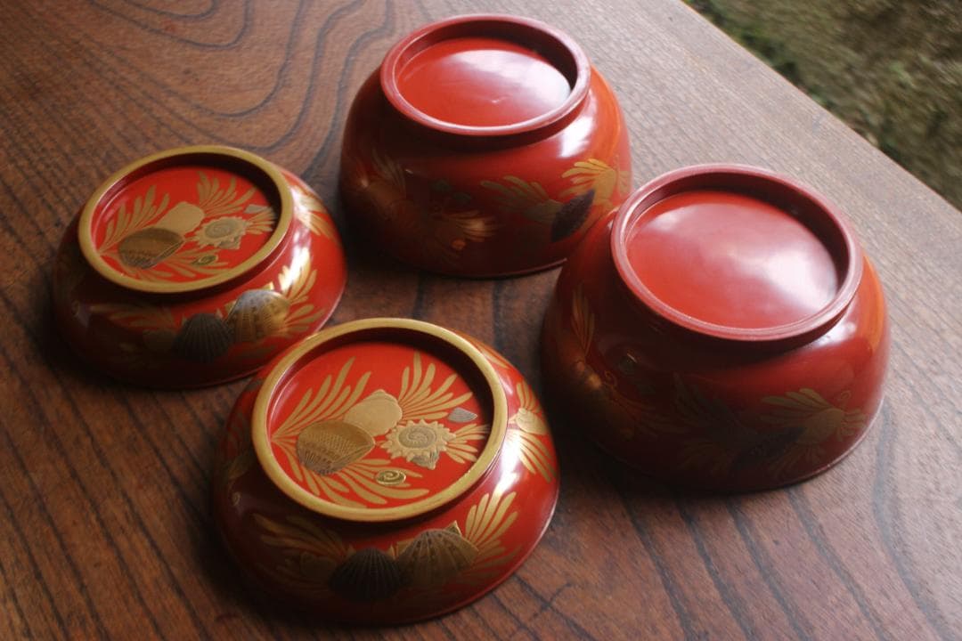 時代逸品！時代金縁朱漆に極上貝尽くし蒔絵の映えるお椀2点（検輪島塗雑煮椀