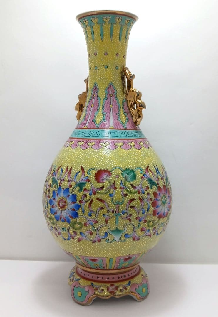 Y2374 中国 大清乾隆年製 粉彩 黄地粉彩双耳花瓶 壷 高さ26.7㎝