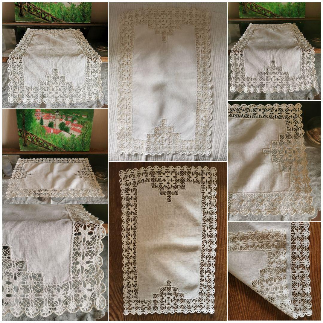 アンティークイギリス ホワイトニードルワークsabaレース梯子刺繍リネンクロス