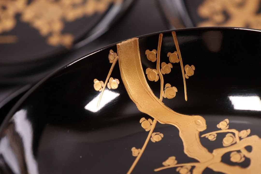 【CM233】古い木皿 五客 梅 金蒔絵 黒塗 小皿 菓子皿 木製漆器 大正昭和