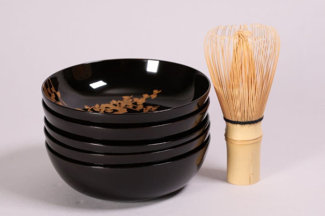 【CM233】古い木皿 五客 梅 金蒔絵 黒塗 小皿 菓子皿 木製漆器 大正昭和