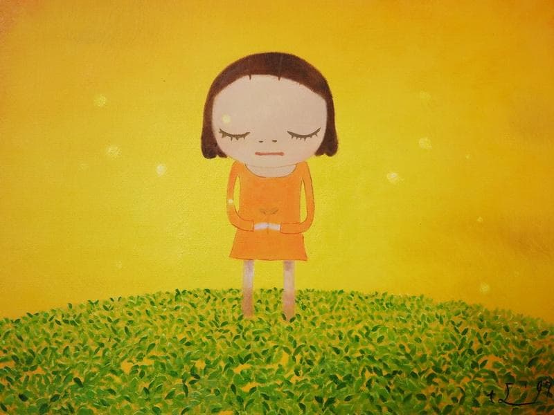 人物画　油絵　奈良美智　女の子と草原　F6　額付き　手描き　肉筆