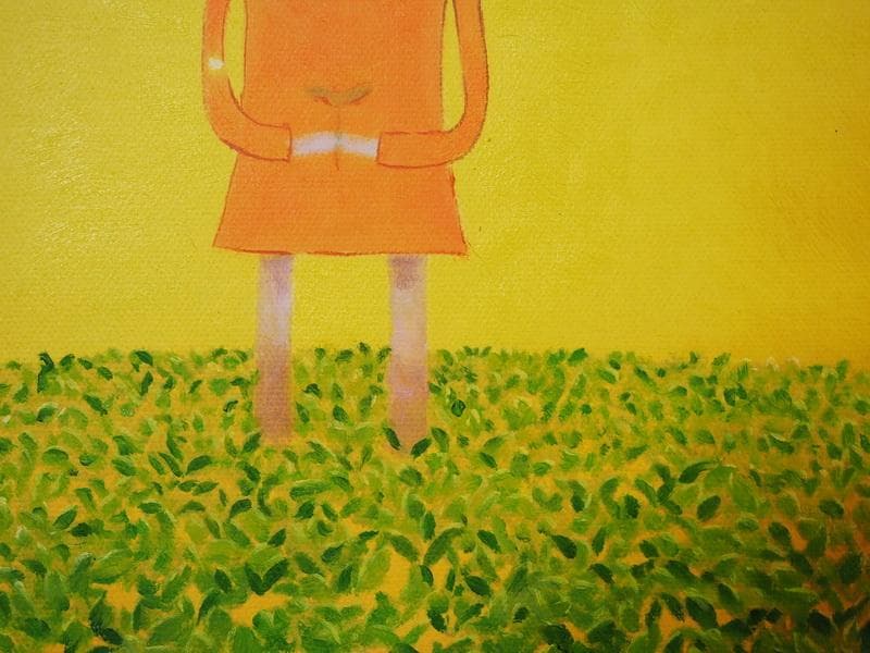 人物画　油絵　奈良美智　女の子と草原　F6　額付き　手描き　肉筆