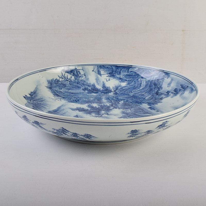 中国　景徳鎮　倣大清康煕年製　青花山水文　大鉢　大皿　C　8942A