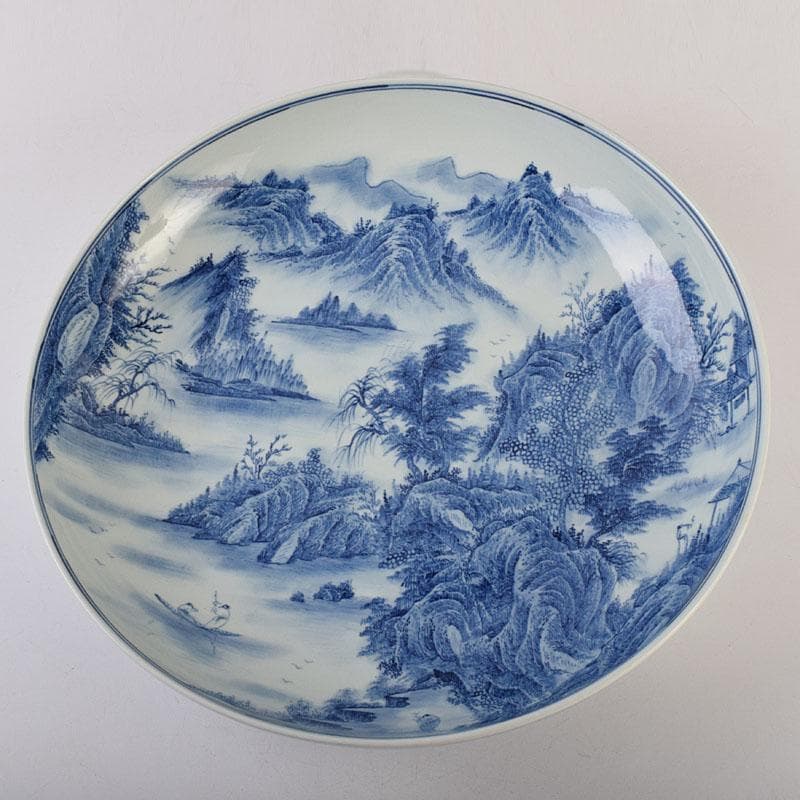 中国　景徳鎮　倣大清康煕年製　青花山水文　大鉢　大皿　C　8942A