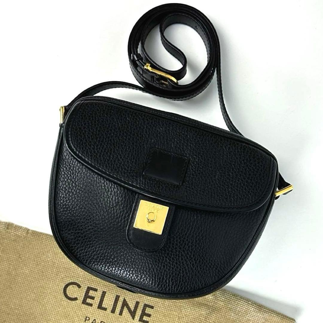 美品■セリーヌ ショルダーバッグ クロスボディ オールレザー ブラック オールド