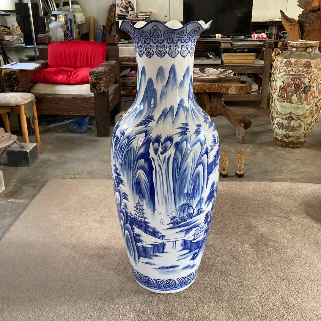 引き取り可能 特大 青 染付 山水図 大花瓶 高さ91.5cm