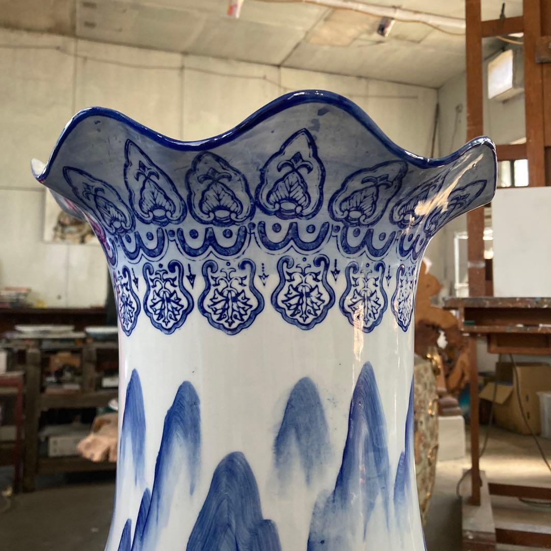 引き取り可能 特大 青 染付 山水図 大花瓶 高さ91.5cm
