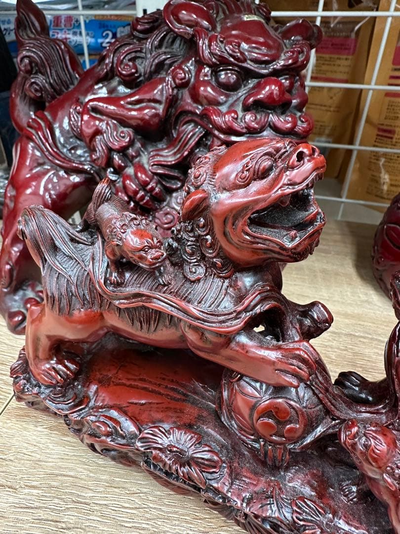 【3体セット】赤獅子 狛犬 親子獅子 置物 大小まとめ売り 縁起物 風水