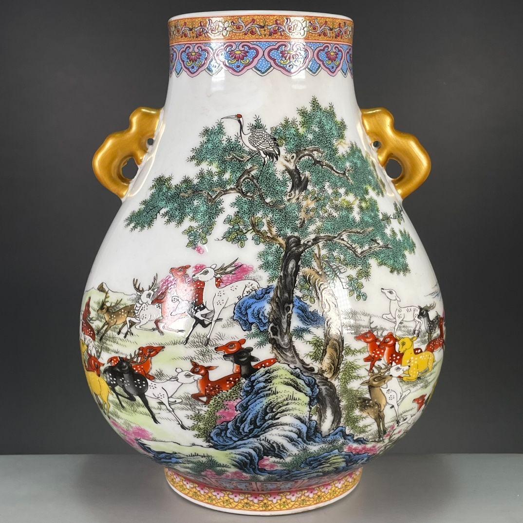 清乾隆粉彩蒔金百鹿図尊瓶  景徳鎮 陶磁器 装飾品 工芸品 美術品 置物