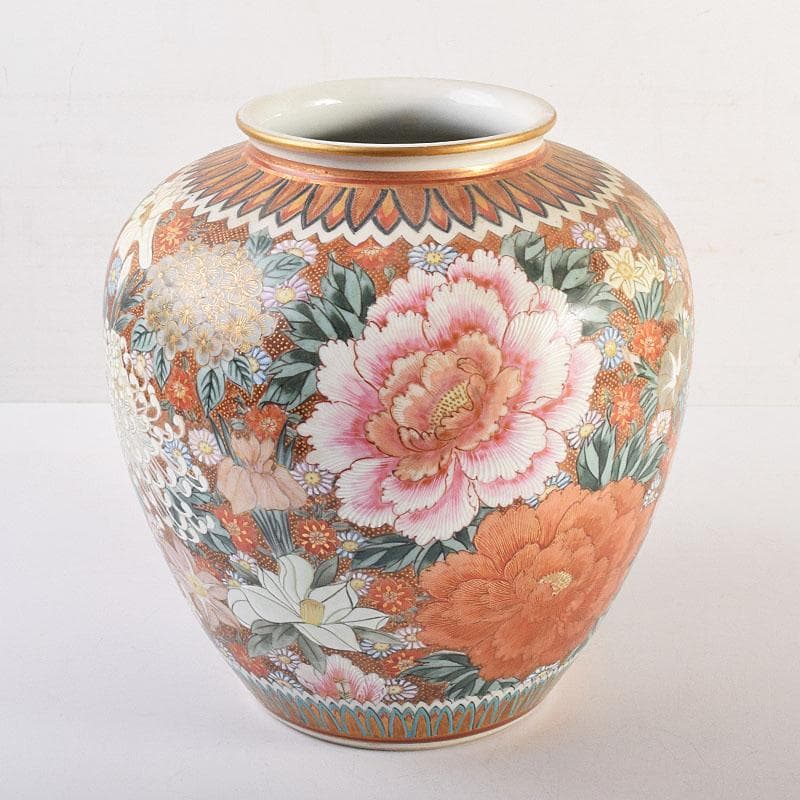 りか　九谷焼名工　九谷中田錦玉　百花繚乱 花詰文壷　花入　D　R8825H