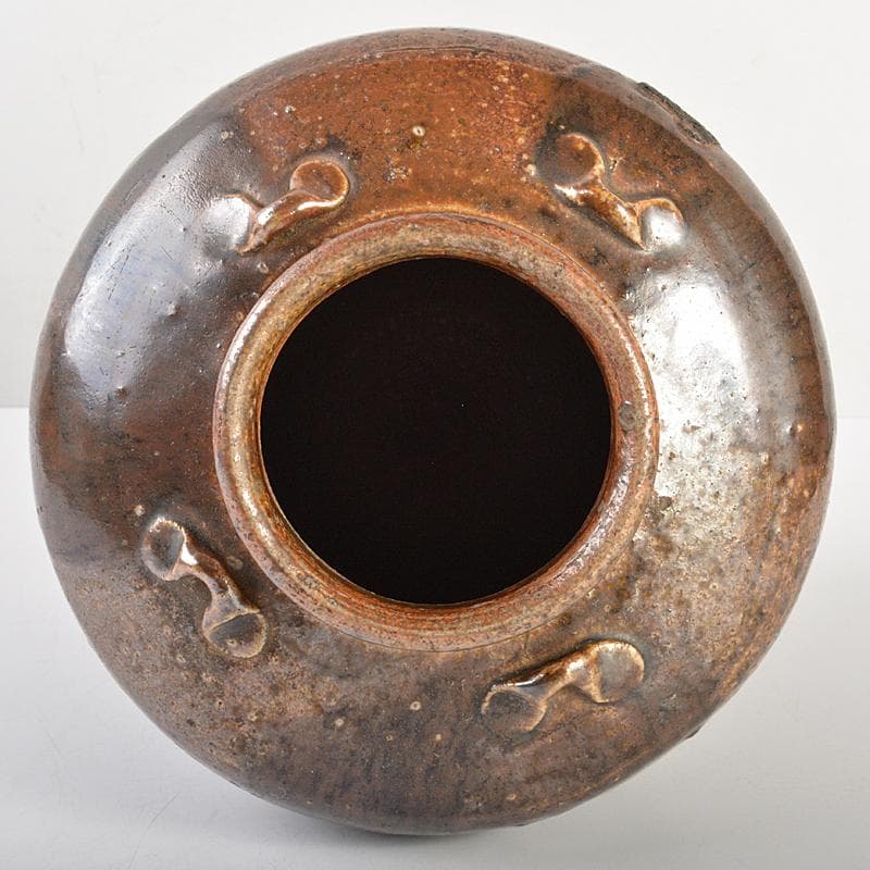 瀬戸焼　古瀬戸　四耳壷　葉茶壷　木製蓋付　高さ約24cm　時代箱　VR7341B